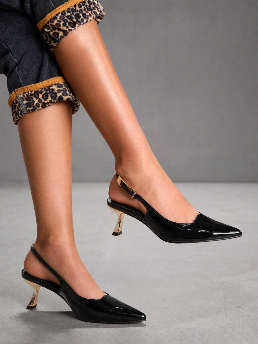 CUCCOO SZL Women's Fashion Black Double Buckle Sexy Punk Pointed Toe Backstrap High Heel Pumps, Suitable For Commute, Date, Party, Holiday