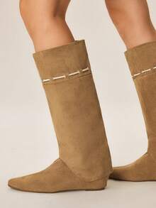 Styleloop Modische Retro-Kniehohe Stiefel mit verstecktem Keilabsatz für Damen - Aprikosenfarben - Übersicht 5