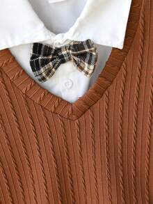 Souflis Souflis 3pcs Baby Boy Textured V-Neck Sweater Vest Set With Long Sleeve Shirt And Red Plaid Pants, Elegant Outfit Suitable For Christmas, Halloween, Parties And Other Autumn/Winter Occasions Baby Boys Holiday Wedding Dress Gentleman Outfit Toddler Brown Baby Boy Outfit Long Sleeve Shirt Top Vest Bib Pants Bow Tie Toddler