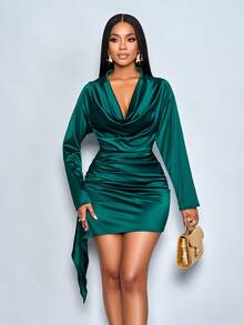 SOLERSUN Women's Elegant Drape Neck Asymmetrical Ruffle Ruched Hem Satin Party Bodycon Dress,Suitable For Christmas Party Vacation & Dating,Fall/Winter - Dark Green - View 3