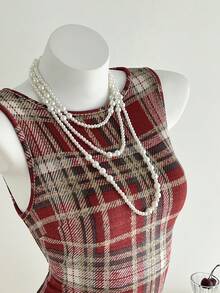 Elamini Váy ngắn kẻ caro chải kiểu cổ điển thời sinh viên - Đỏ - Xem 6