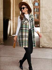 SHEIN Clasi Áo khoác len không tay kẻ caro thanh lịch cỡ lớn cho nữ, áo khoác công sở thời trang cho mùa thu/đông - Nhiều màu - Xem 5