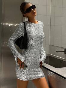 Livesso Shiny Sequin Silver New Year Christmas Wedding Party Banquet Formal Dress, Fashion Party Flare Sleeve Split Hem Mini Dress For Women Carnival - Silver - View 2