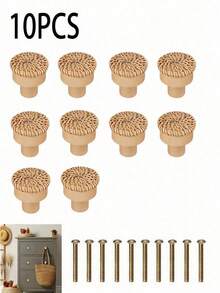 12 件天然藤条圆形橱柜把手木质抽屉拉手棕色饰面适用于厨房客厅卧室衣柜家具装饰 - 咖啡棕 - 查看 15
