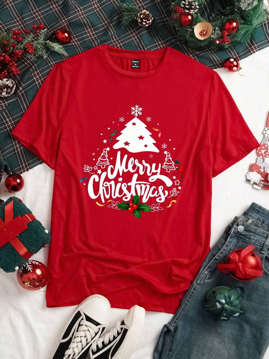 Manfinity Joysei 男士圣诞快乐图案T恤，适合家庭聚会，可作为送给丈夫/男友的圣诞礼物 - 紅色 - 查看 1