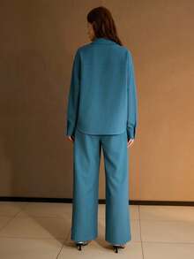 MOTF PREMIUM Bộ 2 áo blouse và quần đính hoa thanh lịch dành cho nữ - Màu xanh lam - Xem 3