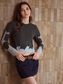 MOTF PREMIUM CONTRAST LACE ROUND NECK CROP SWEATER - Grey - View 5