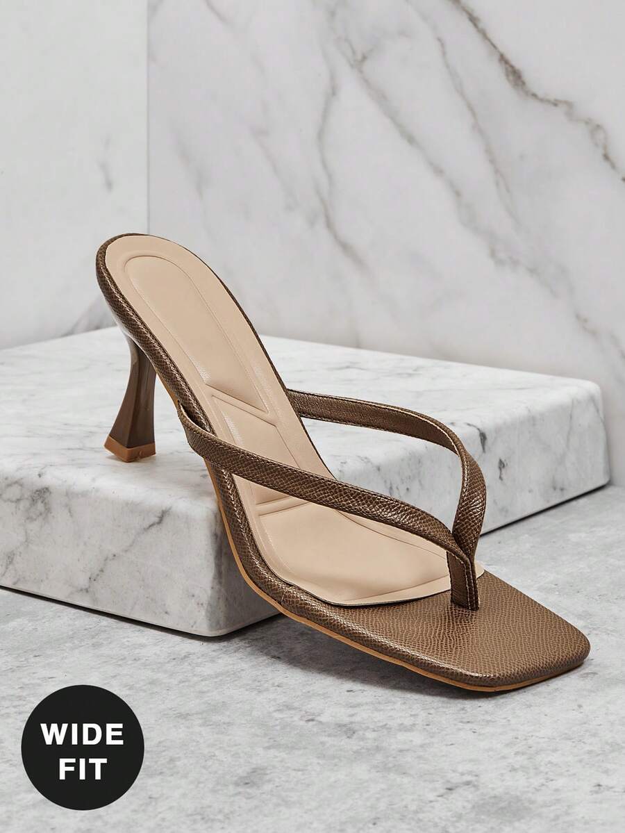 SHUZIA 宽楦女士舒适小猫跟方头仿麂皮人字拖凉鞋 - 橄欖綠 - 查看 1