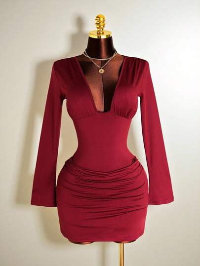 Mistrie 女士优雅性感V领喇叭袖褶饰A字长袖露背连衣裙