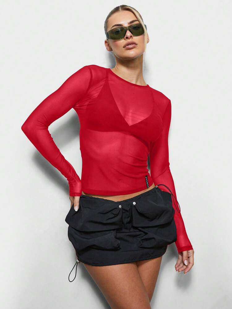 SUMWON Long Sleeve Mesh Semi Sheer Crop Top For Festival Party Club Wear With Round Neckline