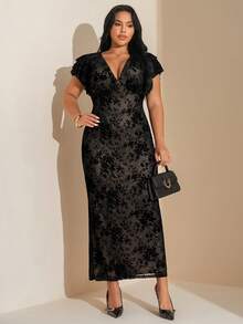 SHEIN Tall CURVE Đầm ôm sát cổ chữ V họa tiết lưới hoa cỡ lớn thanh lịch dành cho nữ, dáng dài, ôm sát, tôn dáng, thích hợp mặc hàng ngày, đi chơi, hẹn hò, trà chiều - màu đen - Xem 6