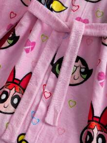THE POWERPUFF GIRLS X SHEIN Tween Girl Cute Cartoon All-Over Print Long Sleeve Hooded Flannel Robe With Belt - Baby Pink - View 5