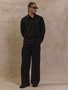 Musero Camicia oversize a maniche lunghe con collo asimmetrico, abbottonatura frontale, tasca frontale, tessuto lavorato, adatta per autunno/primavera-estate - nero - Visualizzare 5