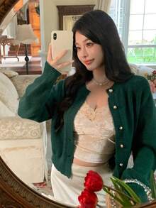 DAZY 女士优雅开襟羊毛衫，绿色圣诞新年金属纽扣装饰，商务休闲通勤风格，秋冬款