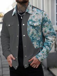 Manfinity CasualCool 男士花卉图案前扣休闲长袖夹克珍珠扣衬衫男士衬衫街头服饰男士花卉纽扣衬衫 - 灰色 - 查看 4