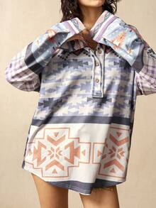 Bohemela Lässige, locker geschnittene Bluse mit Halbbündchen, Langarm und Muster-Muster für Damen - Blau - Übersicht 4