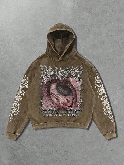 Goth Sudadera con capucha estampada con copos de nieve negros para hombres, sin bolsillos