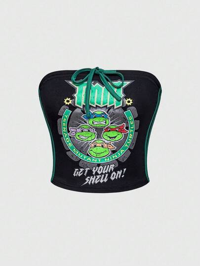 TEENAGE MUTANT NINJA TURTLES X ROMWE Women's Sexy Punk Cartoon Turtle & Slogan Print Contrast Color Bow Decor Fitted Cropped Tube Top, Summer
