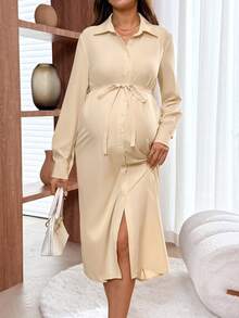 SHEIN Maternity Solid Color Long Sleeve Single-Breasted Belted Casual Shirt Dress - Khaki - View 7