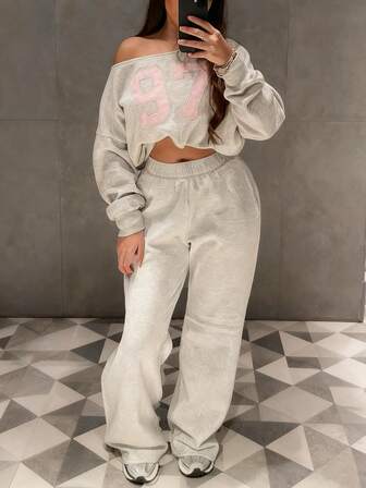 Jouncy 2pcs Women Asymmetric Neck Long Sleeve Numeric Print Sweatshirt And Elastic Waist Sweatpants Set