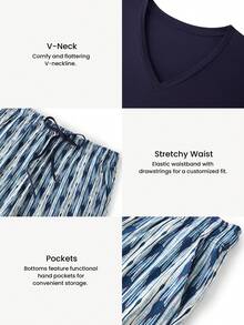 LUVLETTE Autumn And Winter Women Plus Purple Soft Cotton Basic Long T-Shirt & Patterned Pants Loungewear Pajama Set For Women Pants With Pockets Lingerie As Outerwear Lounge Sets Fall Pajamas - Blue - View 5