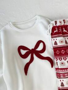 SHEIN Unity 1 Stück Weihnachtsparty Sweatshirt mit Schleifen-Muster in Rot & Weiß, thermisch gefüttert, Langarm und 1 Stück Weihnachtsbaum & Hirsch Plüsch Loungewear Set mit Kordelzug für Damen - Verschiedenfarbig - Übersicht 9