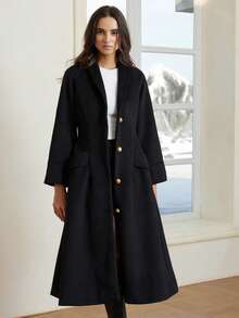 GENKIRA French Elegant High-End Apple Collar Cinched Waist Comfortable A-Line Long Overcoat For Women - Black - View 4