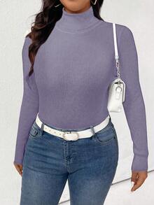 Plus Size Solid Color Turtleneck Ribbed Knit Fitted Long Sleeve Sweater, Autumn/Winter - Lilac Purple - View 4