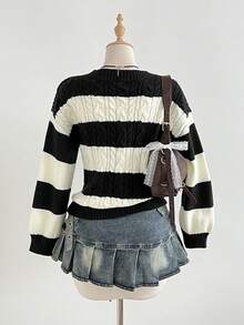 Elamini 女士休闲V领条纹灯笼袖针织衫，多色可选，适合秋冬季穿着 - 黑與白 - 查看 2