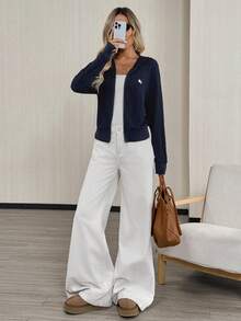 Easowa كنزة نسائية محبوكة بلون أزرق داكن للخروج، كنزة نسائية كاجوال مطرزة مزودة بسحاب، كنزة محبوكة بأكمام طويلة مع نقشة فارس وخطوط، ملابس كاجوال للخريف/الشتاء، كنزة بطراز بسيط، ملابس عمل للنساء في الخريف/الشتاء، كنزة نسائية زرقاء داكنة خفيفة - أزرق بحري - مشاهدة 3