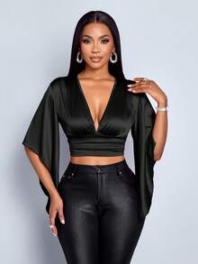 SOLERSUN 女士办公室老钱风格春夏优雅通勤商务休闲 V 领腰部聚集光泽缎面面料不对称荷叶边饰边衬衫，派对情人节约会度假秋季衬衫上衣秋冬感恩节返校教师万圣节节日性感优雅 - 黑色 - 查看 5