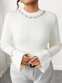 Elenzga Plus Size Women Elegant Beaded French Flare Sleeve Knit Pullover