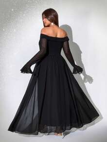 Viva Relle Plus Size Women's Elegant Black Autumn Formal Evening Beaded Off Shoulder Chiffon Patchwork Long Sleeve Flowing Maxi Dress For Prom Gown - Black - View 2