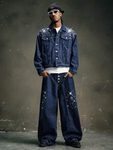 AXEPEAK Men's Washed Rhinestone Embellished Outfit, Brand High-End Collared Top And Pants Set