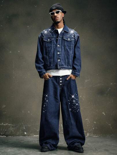 AXEPEAK Men's Washed Rhinestone Embellished Outfit, Brand High-End Collared Top And Pants Set