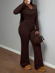 Slaydiva Autumn Elegant Dark Brown Two Pieces Set Women,Fur Collar V-Neck Long-Sleeved Slim T-Shirt & Flared Pants,Tweed Business Casual Brunch Outfits - Brown - View 8