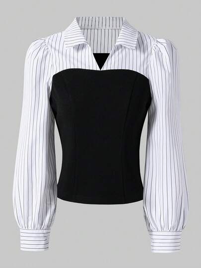 SHEIN Sparklyn Teen GirlElegant Casual Black & White Striped Long Sleeve Fitted Shirt, Fashionable & Versatile, Can Be Paired With Flare Pants, Wide-Leg Pants, Or Midi Skirts