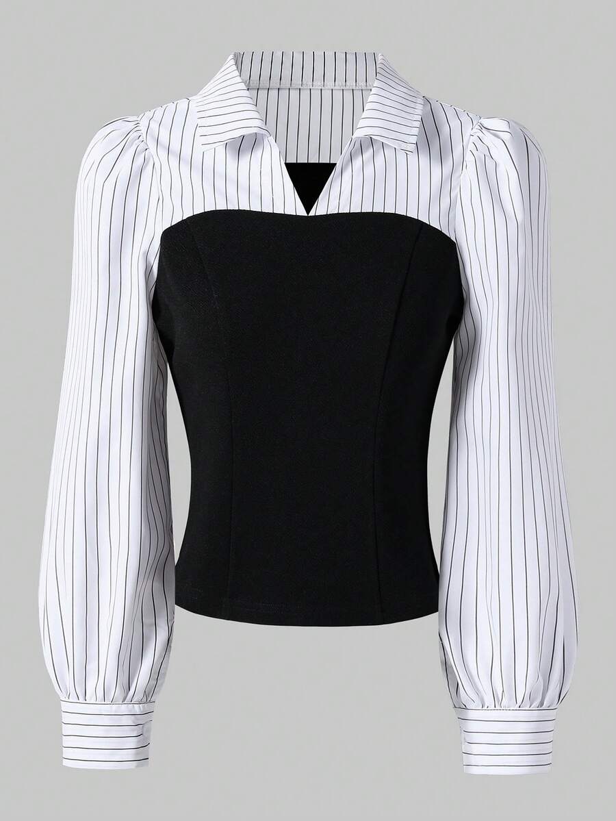 SHEIN Sparklyn Teen GirlElegant Casual Black & White Striped Long Sleeve Fitted Shirt, Fashionable & Versatile, Can Be Paired With Flare Pants, Wide-Leg Pants, Or Midi Skirts - Black and White - View 1