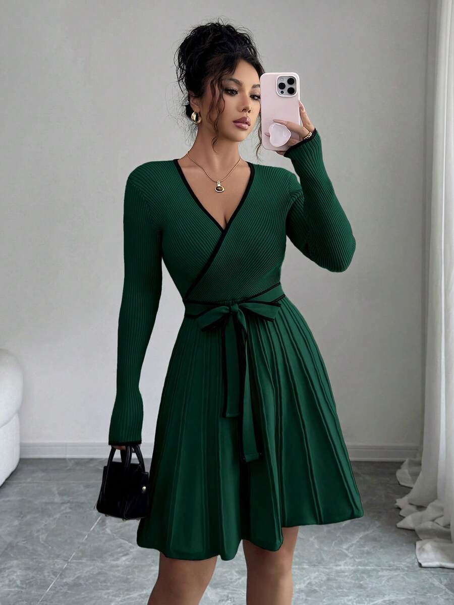 SHEIN Elenzya Women's Elegant Fitted V-Neck Contrast Trim Ribbed Texture Peplum Hem Sweater Dress, Autumn/Winter - Green - View 1