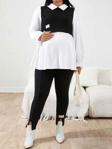 SHEIN 秋季服装，秋季孕妇装，孕妇加大码两件套，长袖上衣搭配可调节腰裤，休闲套装，加大码套装，打底裤，加大码女装，时尚加大码，加大码打底裤，加大码紧身裤，加大码女装两件套，曲线加大码，加大码套装，开衩打底裤，女士打底裤 - 黑與白 - 查看 5