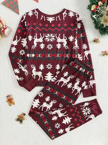1 Set Merry Christmas Women's Pajamas, Burgundy Long Sleeve Top With Red Reindeer, Green & Red Snowflake, Red & White Geometric Pattern, Matching Pants, Soft & Comfortable Stretchy Knit Fabric, Machine Washable, Relaxed Fit, Family Matching Outfits (Sold Separately In Sets Of 3), Winter Clothes - Multicolor - View 2