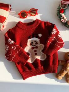 SHEIN Áo len Giáng sinh đỏ Unisex cho bé, Áo chui đầu cổ tròn dệt kim Jacquard hình người bánh gừng và bông tuyết, Quần áo mùa đông dễ thương cho bé, Giáng sinh đầu tiên của tôi - Nhiều màu - Xem 4