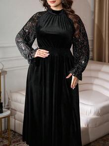 Modelyn Elegant Velvet Contrast Lace Beaded Long Sleeve A-Line Plus Size Dress, Regular Fit For Spring & Autumn