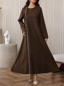 Al Najma Women's Vintage Casual Daily Wear Round Neck Long Sleeve Maxi Arabian Dress - Brown - View 7