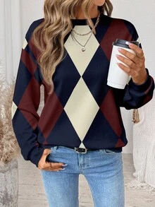 SHEIN LUNE 休闲简约格纹菱形印花图案圆领宽松女式卫衣 - 彩色 - 查看 5