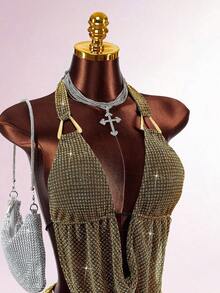 Y2K Amplova Women's Plunging Neck Glitter Halter Top And Bodycon Mini Skirt Sexy Fashion 2-Piece Set Autumn/Winter Thanksgiving And New Year Gold Clothes Sexy Club Outfits Women,Party Dresses For Women - Multicolor - View 5