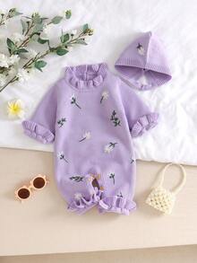 SHEIN Vintaside Kids 两件套婴儿米色套装：花卉刺绣毛衣连体衣+帽子，时尚可爱 - 淺灰紫 - 查看 6