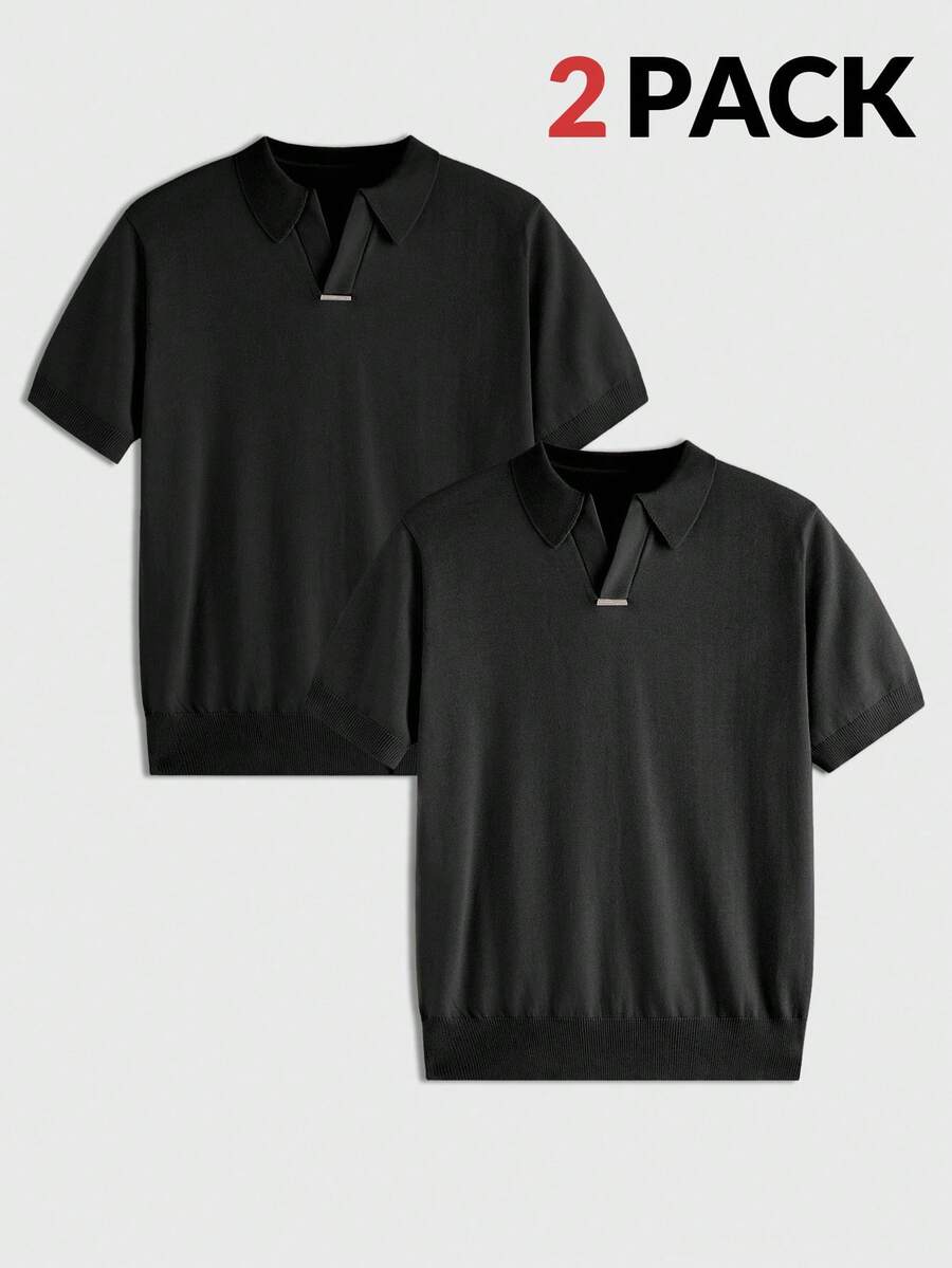 AKNOTIC 2 件装男士简约丝滑短袖针织 Polo 衫，黑色 Polo 衫，夏季简约纯色 Polo 衫，华夫格针织 Polo 衫，吸湿排汗高尔夫上衣，现代剪裁商务休闲 - 黑色 - 查看 1