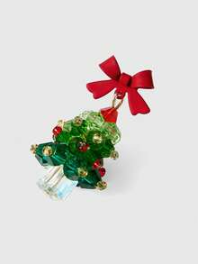ROMWE Kawaii 一对可爱甜美红色蝴蝶结圣诞树形耳环适合女性任何场合 - 綠色 - 查看 4