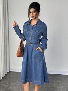 Elenzga Women's Solid Color Casual Long Sleeve Denim Dress - Blue - View 6